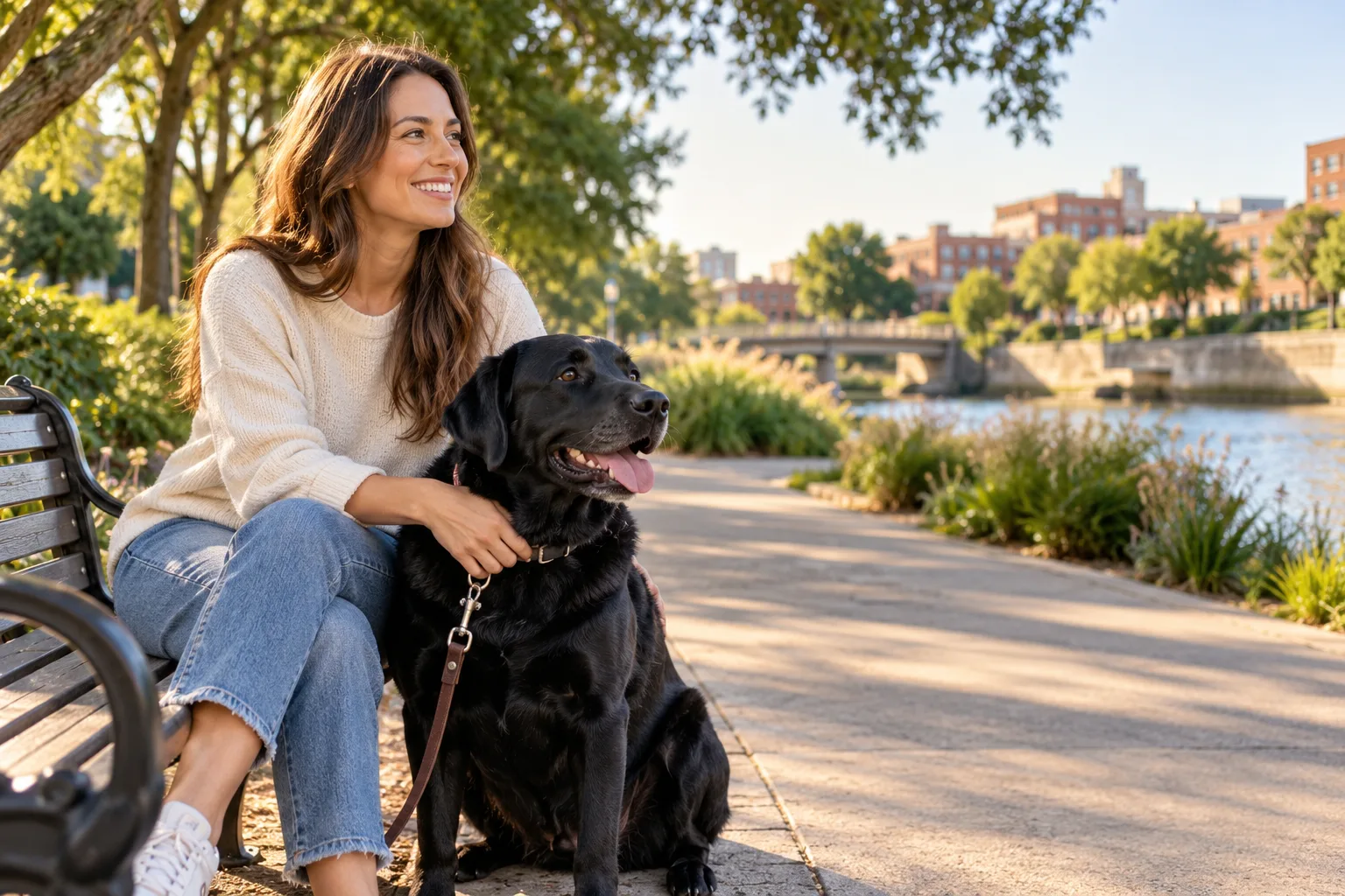 Owner with a black dog beside a park path